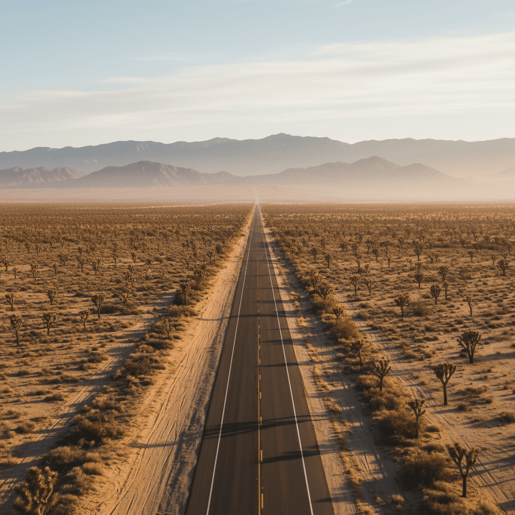 An open California desert highway stretching toward distant mountains at golden hour