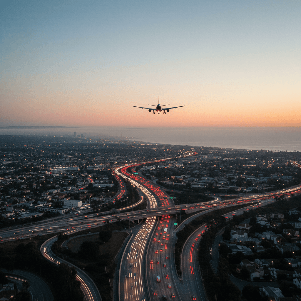 Aerial view of a Los Angeles freeway at dusk with a passenger jet on final approach