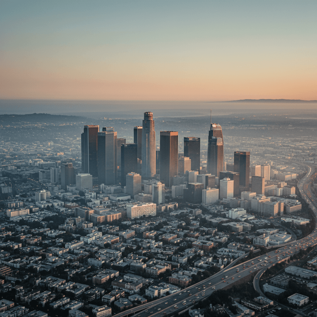 The downtown Los Angeles skyline at dusk
